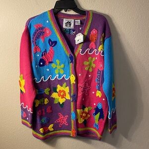 Storybook Knits Multicolor Fish & Floral Knit Cardigan